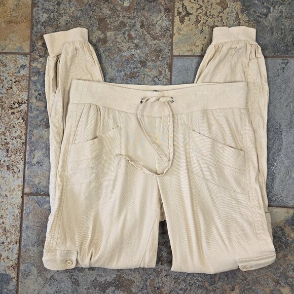 Bebe Sz 2 Cream Linen Blend Pull On Casual Cargo Pants Drawstring Waist Pockets - Picture 1 of 14